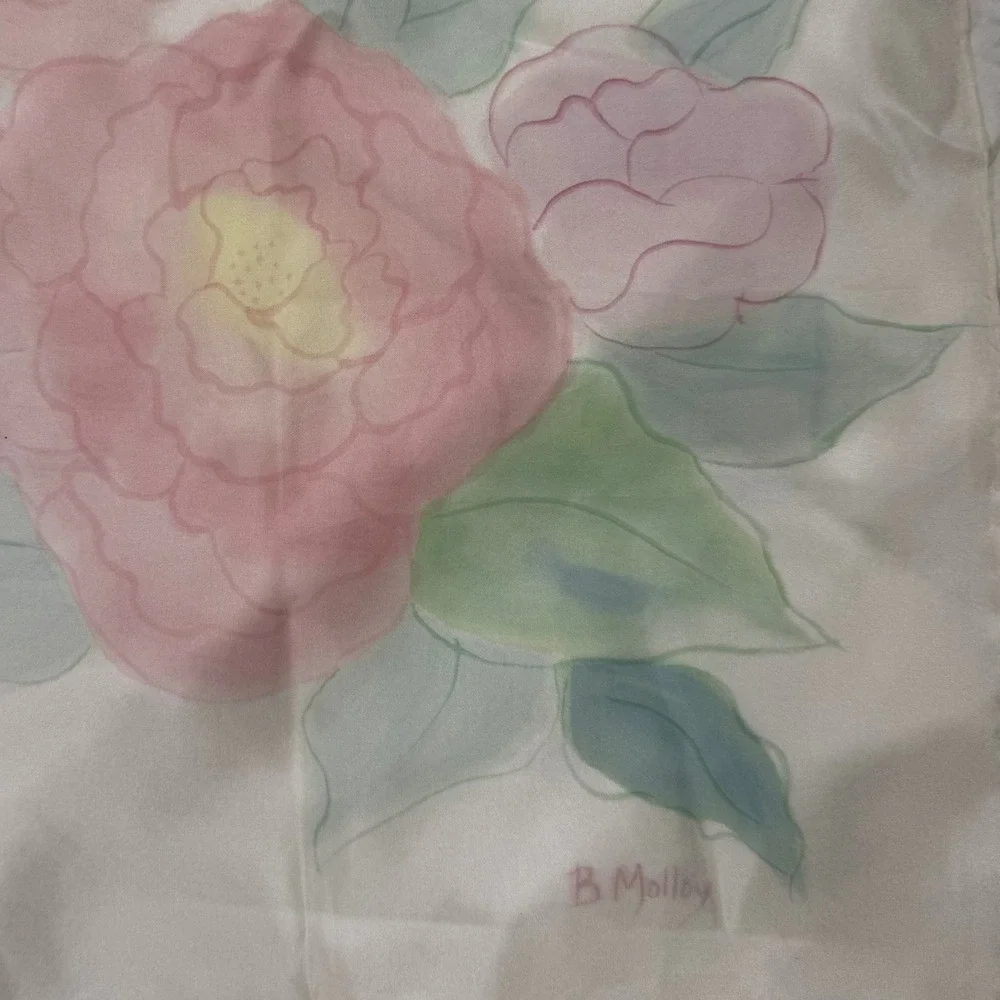 Vintage Hand Painted Silk Scarf B. Malloy Pastel Floral‎ Signed Hand Rolled Hem
